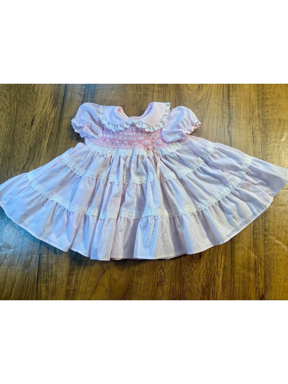 Vintage Polly Flinders Pink Smocked Baby Girl Dress 6-12 Months Lace